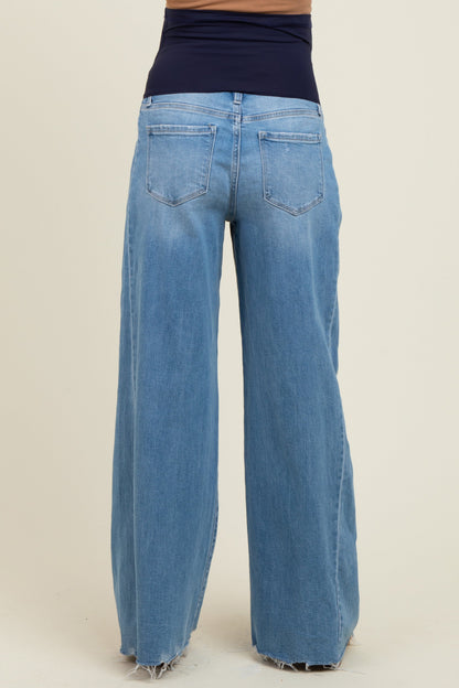 Blue Distressed Hem Super Wide Leg Maternity Jeans