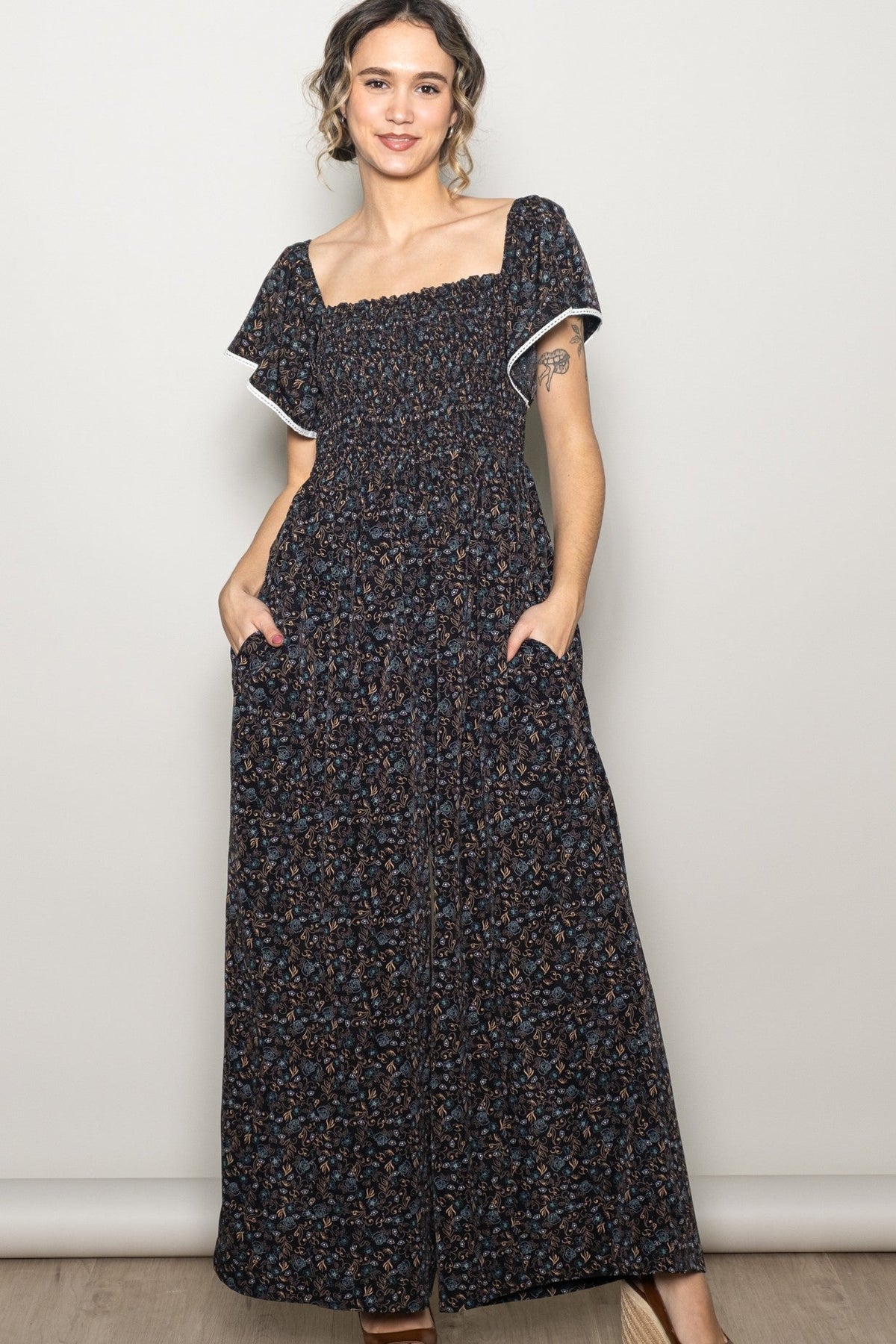 Black Floral Smocked Lace Trim Wide Leg Maternity Jumpsuit