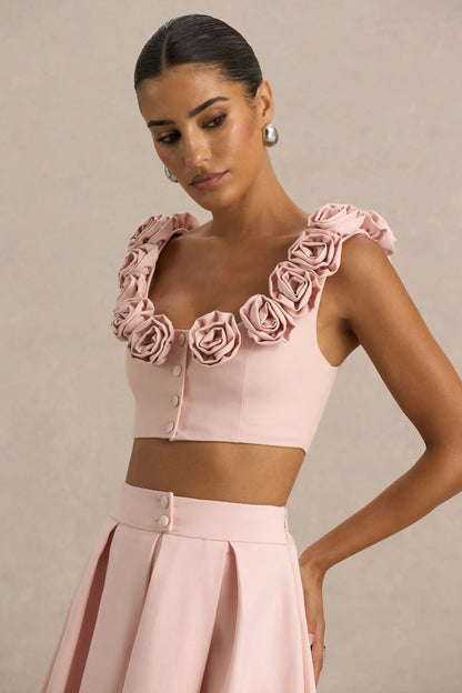 Blade Baby Pink Scoop Neck Crop Top With Corsage Details