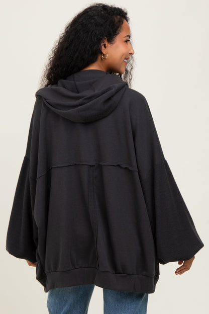 Black Solid Terry Long Dolman Sleeve Vintage Maternity Hoodie