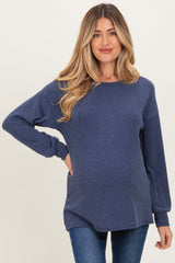 Navy Puff Sleeve Solid Ribbed Maternity Top