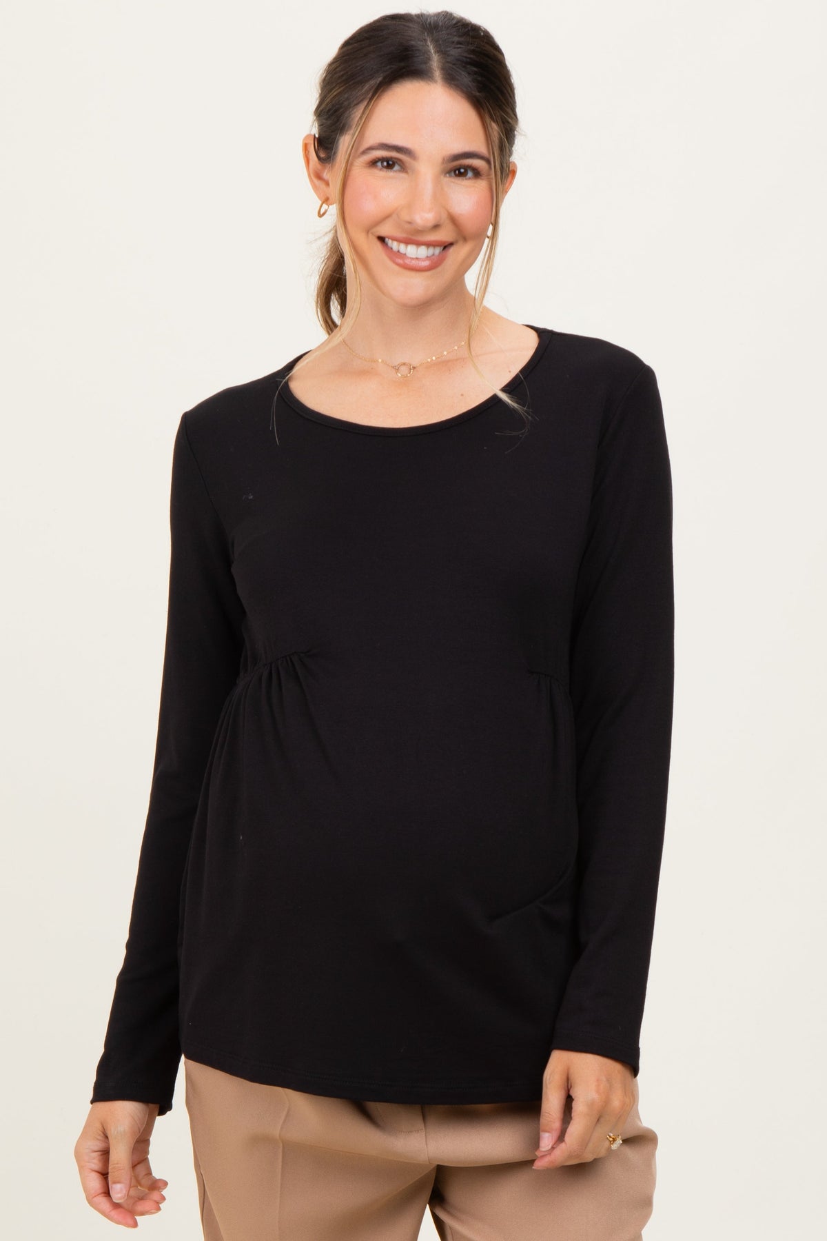 Black French Terry Long Sleeve Scoop Neck Maternity Top