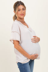 Cream Ribbed Short Sleeve V-Neck Reverse Stitch Maternity Top