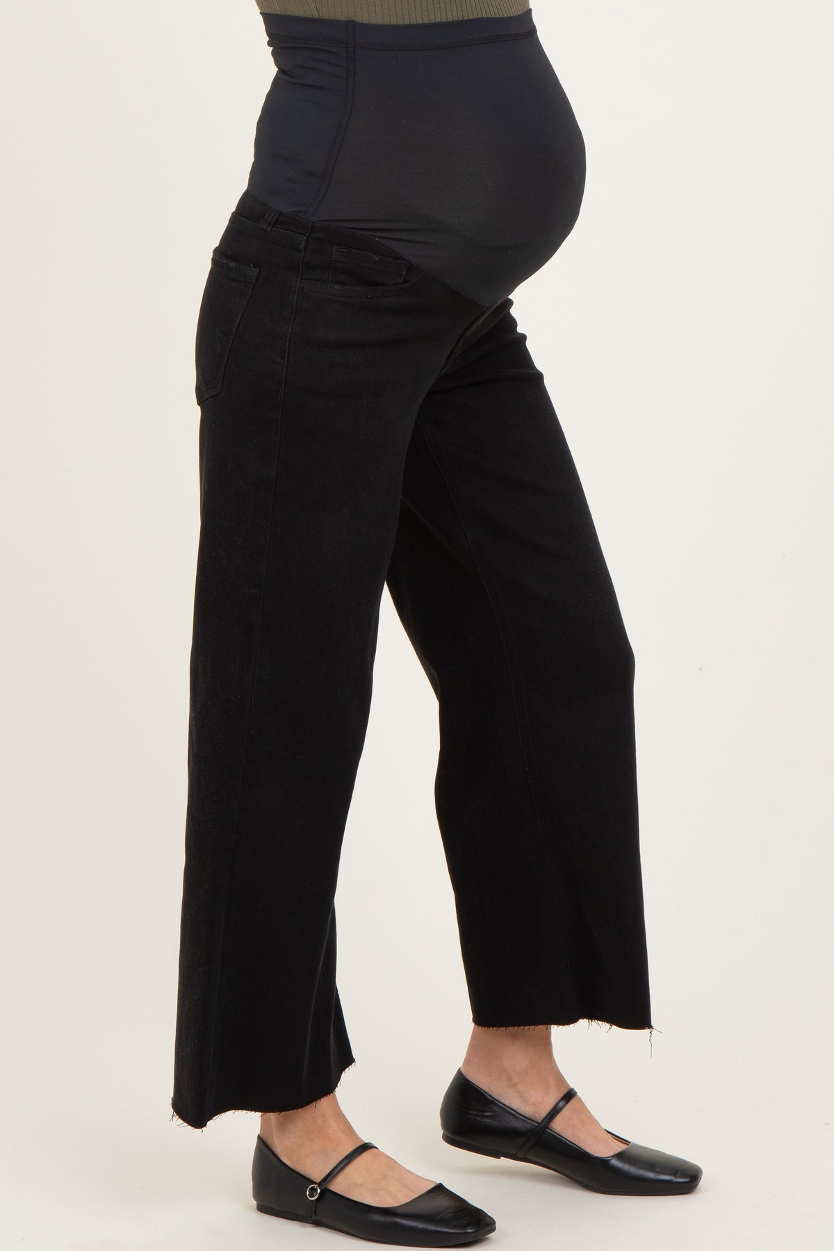 Black Raw Hem Crop Wide Leg Maternity Jeans