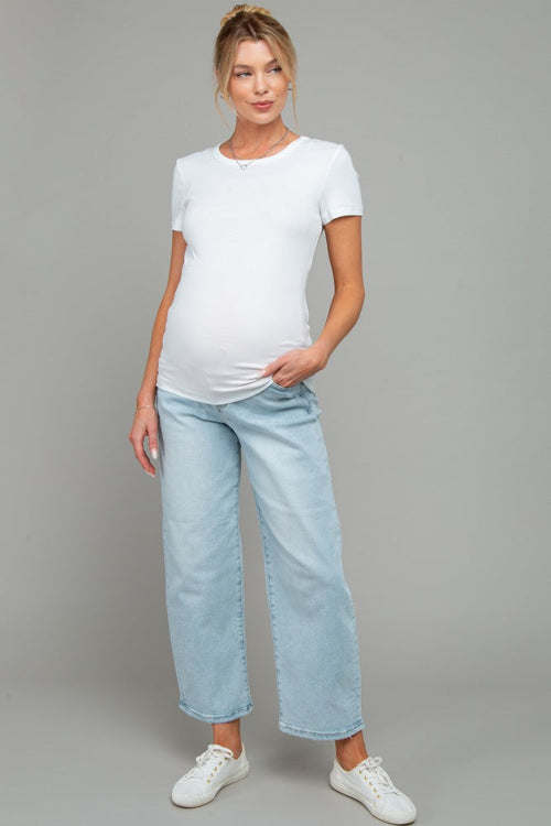 Light Blue Cropped Barrel Leg Maternity Jeans