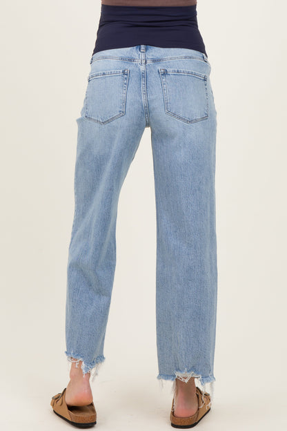 Light Blue Fringe Hem Ankle Wide Leg Maternity Jeans