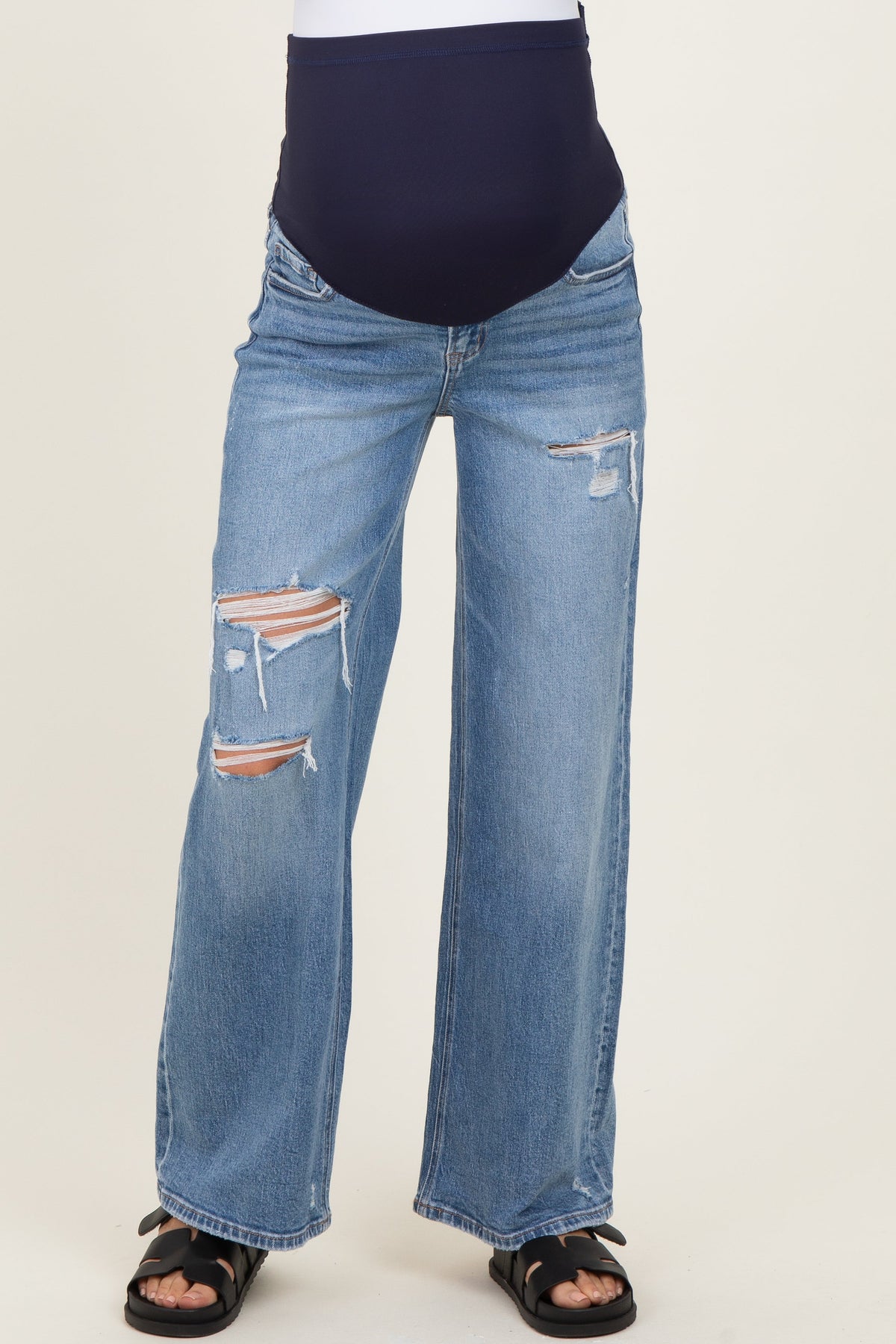 Blue Distressed Open Knee Maternity Wide Leg Jeans