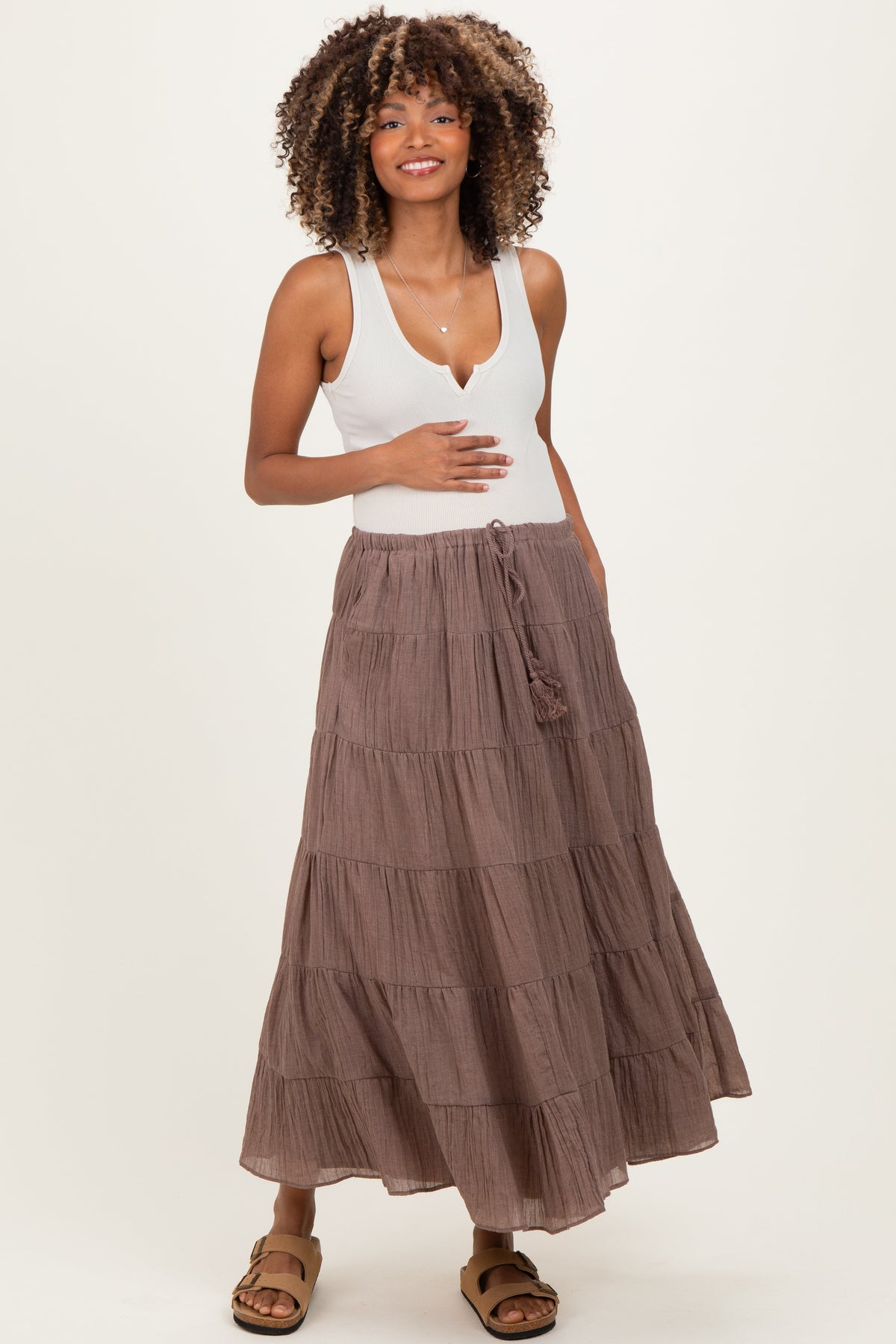 Mocha Tiered Drawstring Maternity Maxi Skirt
