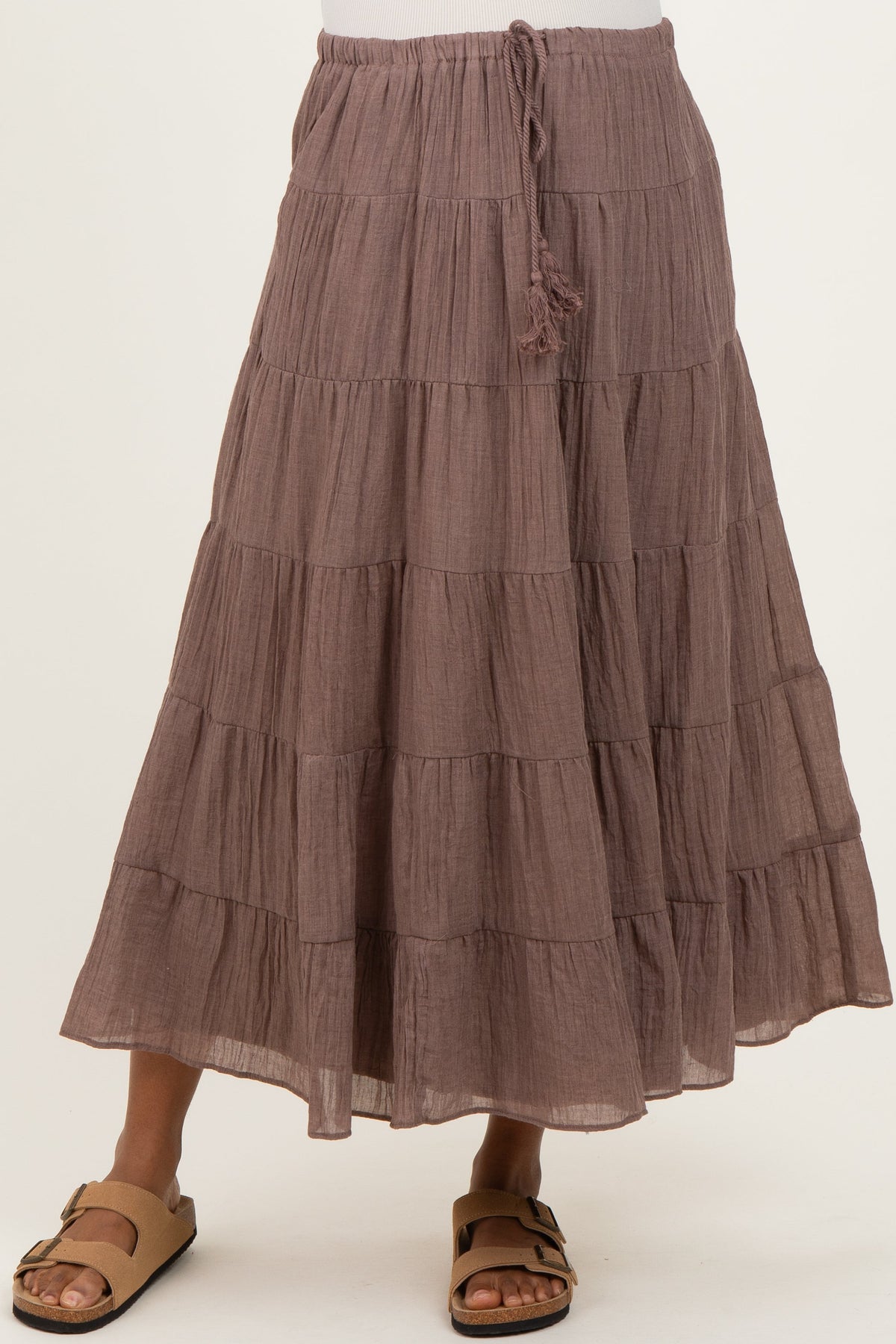 Mocha Tiered Drawstring Maternity Maxi Skirt