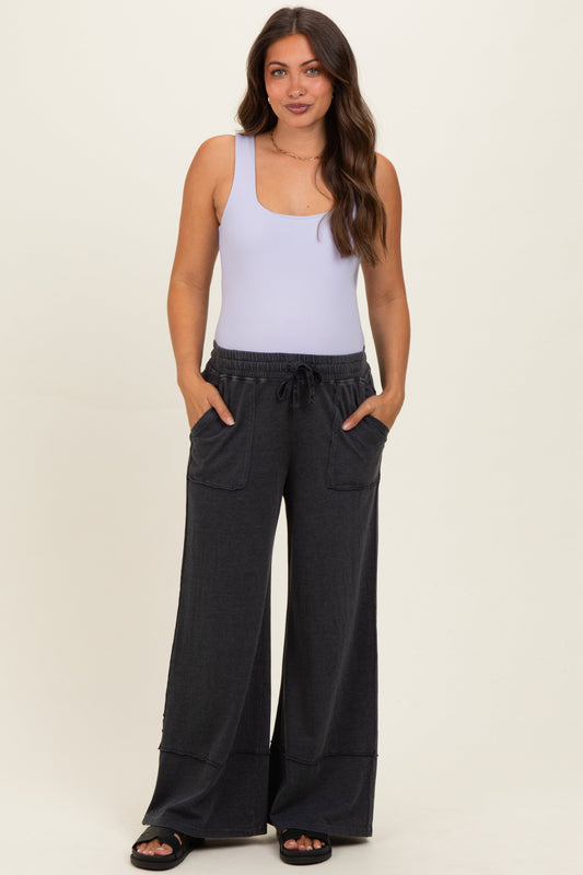 Black Mineral Wash Wide Leg Ankle Maternity Pants