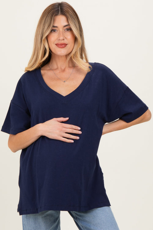 Navy Oversized Reversible V-Neck Maternity Tee