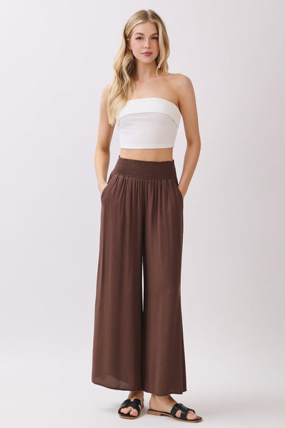 Chocolate Smocked Waist Ankle Wide Leg Maternity Pants