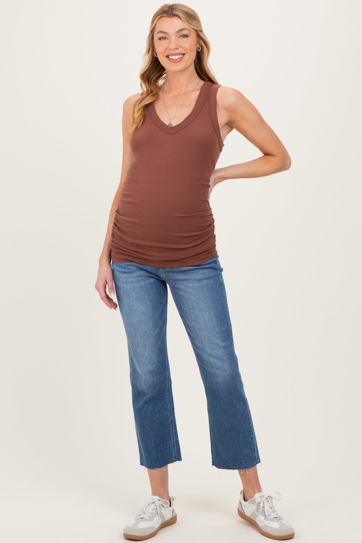 Brown Ribbed Sleeveless Ruched Maternity Tank Top