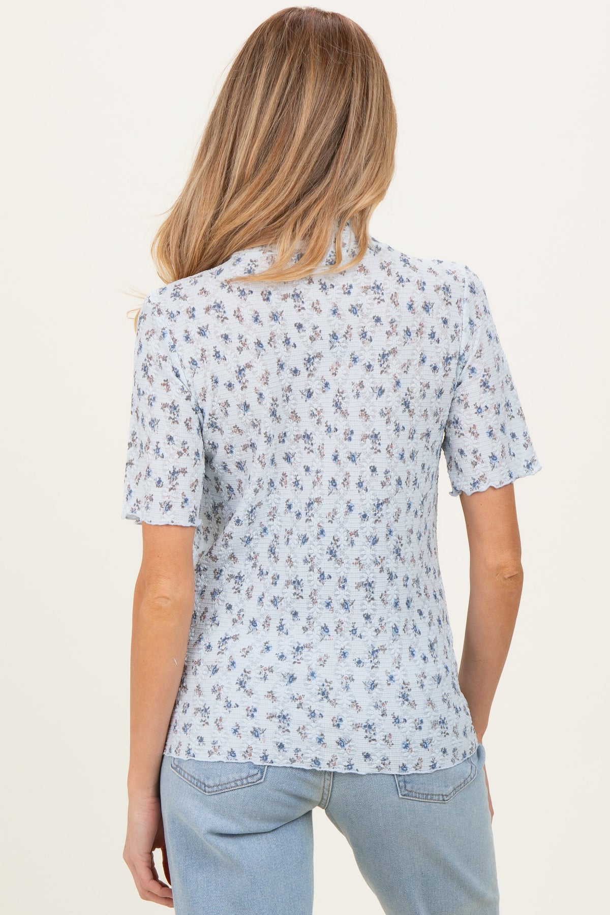 Blue Floral Ruffle Trim Short Sleeve Maternity Top