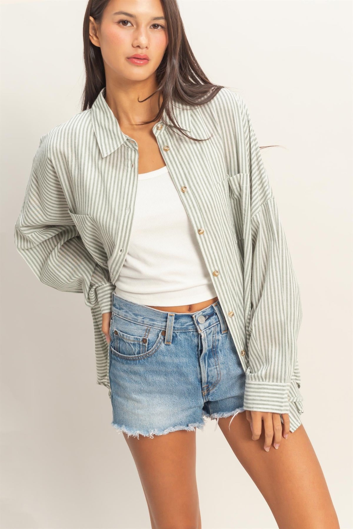 Olive Oversized Striped Button-Up Maternity Shirt