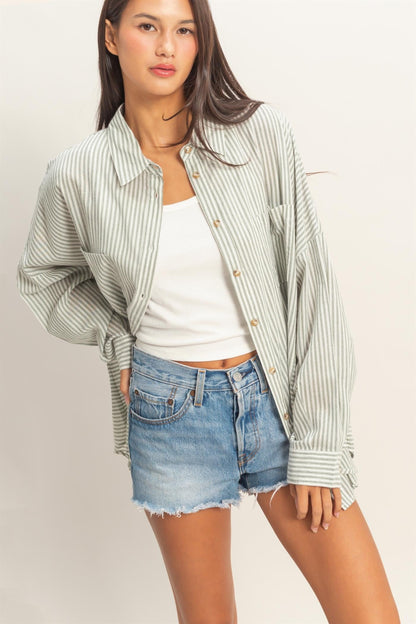 Olive Oversized Striped Button-Up Maternity Shirt