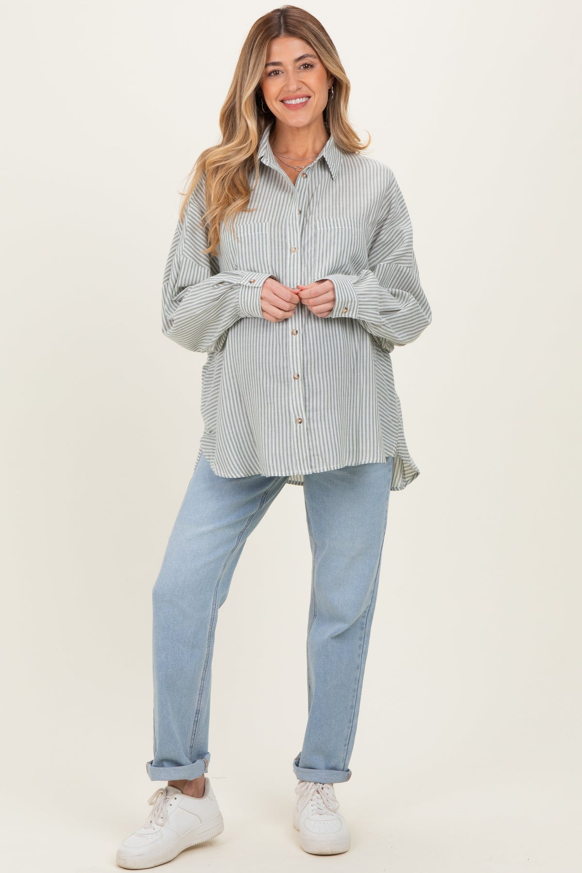 Olive Oversized Striped Button-Up Maternity Shirt