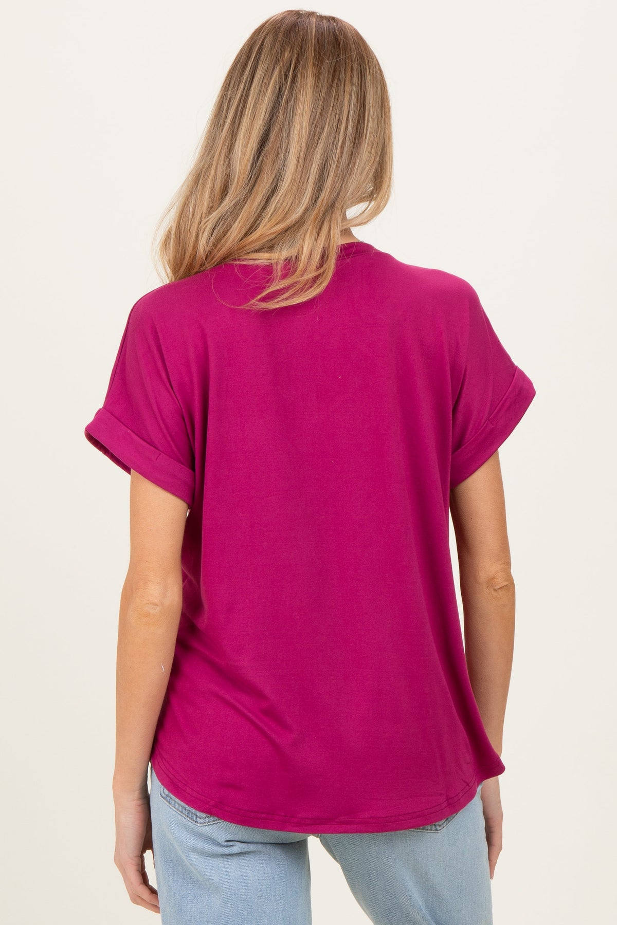 Magenta V-Neck Pocket Short Sleeve Maternity Shirt