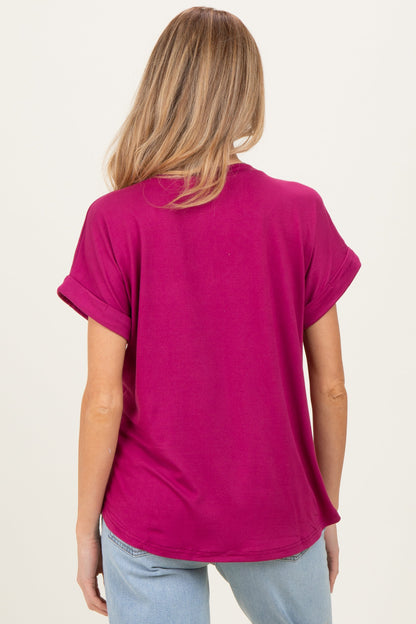 Magenta V-Neck Pocket Short Sleeve Maternity Shirt