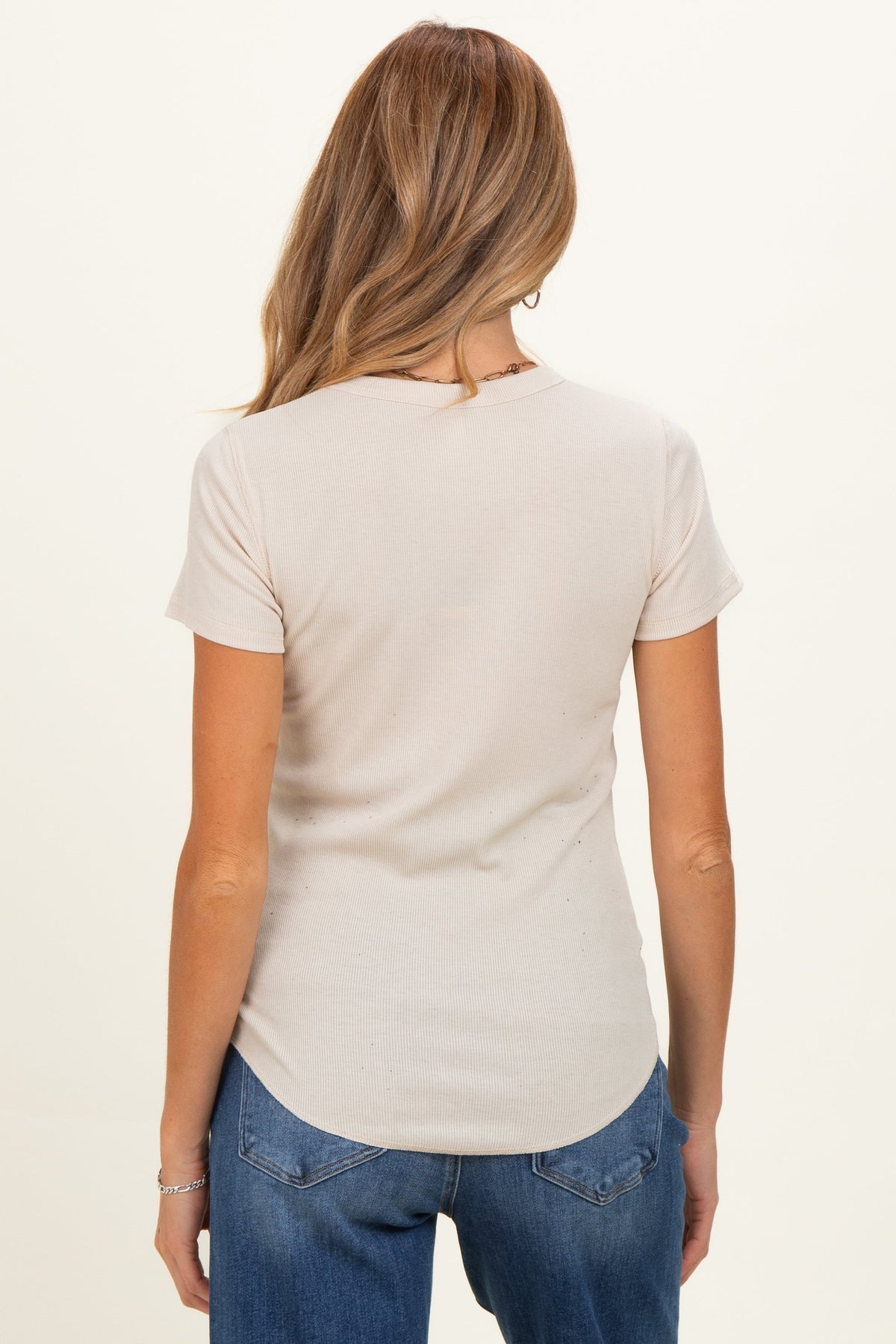 Oat Ribbed Short Sleeve Curved Hem Maternity Top