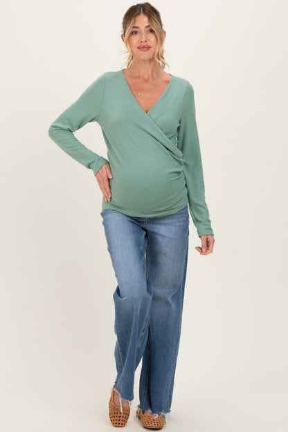 Green Brushed Knit Wrap Front Maternity Top