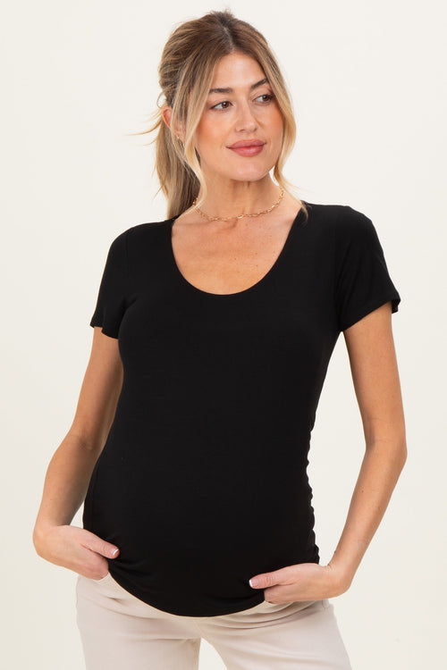 Black Short Sleeve Scoop Neck Maternity Knit T-Shirt