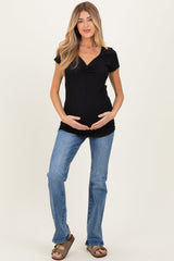 Black Ribbed Sweetheart-Neckline Maternity Top