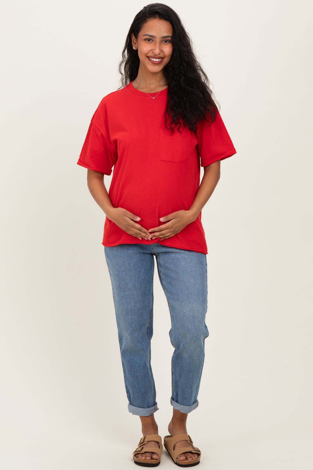 Red Vintage Wash Raw Edge Pocket Maternity T-Shirt