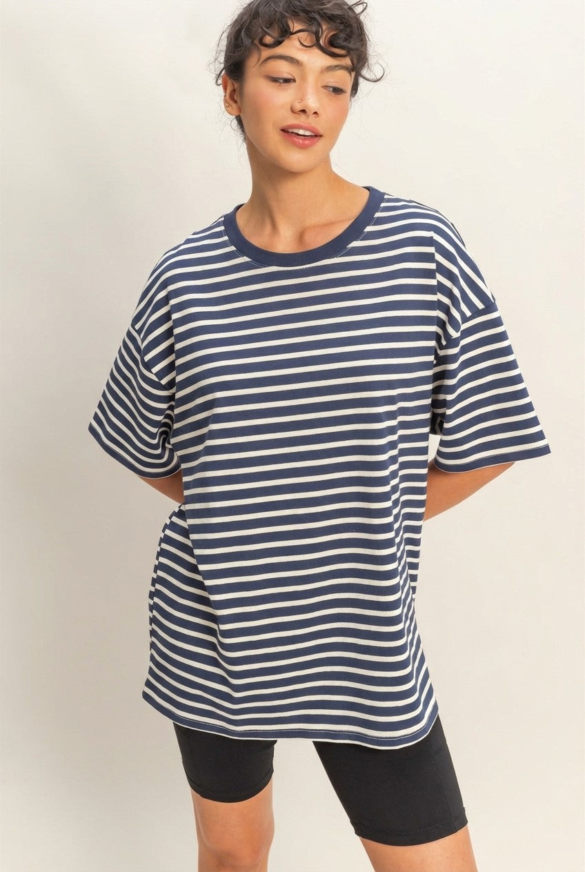 Navy Striped Short Sleeve Crew Neck Oversized Cotton Maternity Top