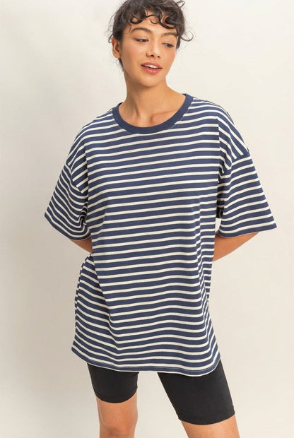 Navy Striped Short Sleeve Crew Neck Oversized Cotton Maternity Top