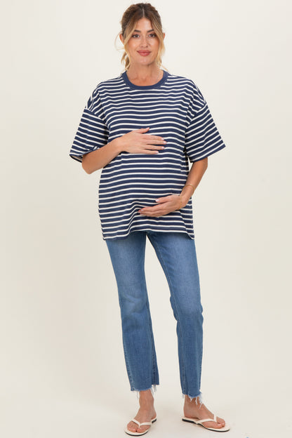 Navy Striped Short Sleeve Crew Neck Oversized Cotton Maternity Top