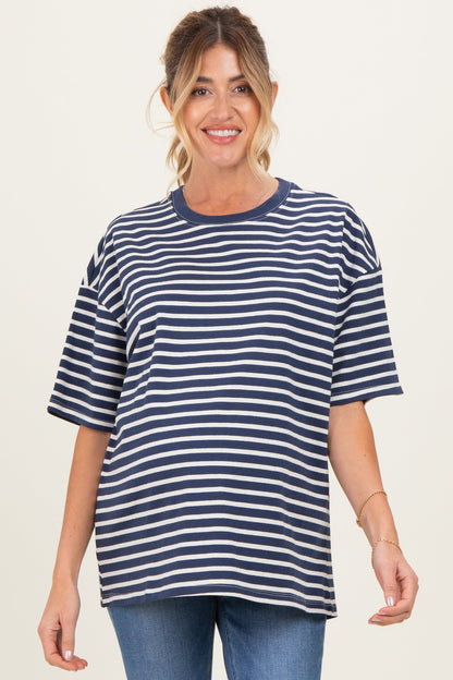Navy Striped Short Sleeve Crew Neck Oversized Cotton Maternity Top