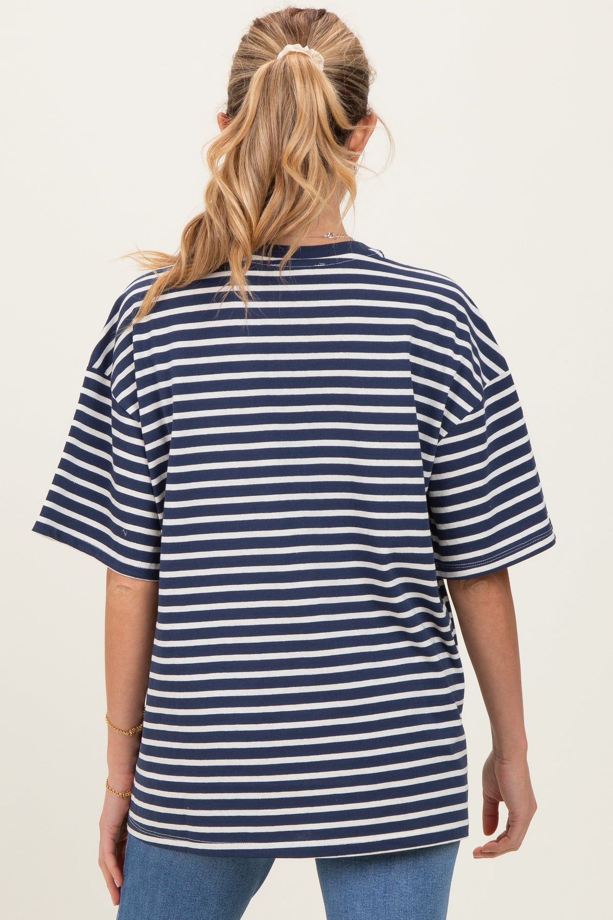 Navy Striped Short Sleeve Crew Neck Oversized Cotton Maternity Top