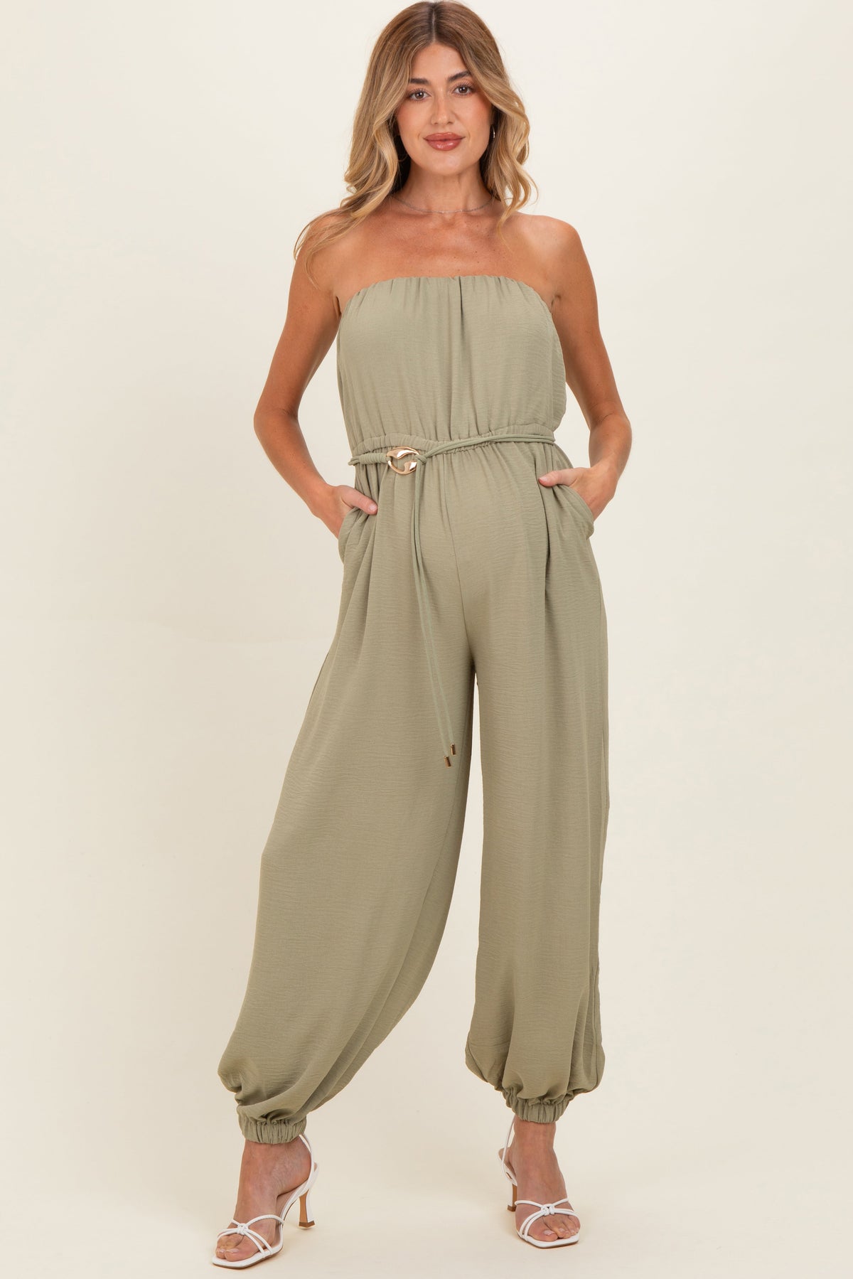 Olive Crinkled Tube Balloon Maternity Jumpsuit