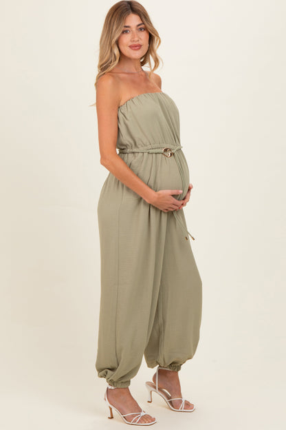 Olive Crinkled Tube Balloon Maternity Jumpsuit