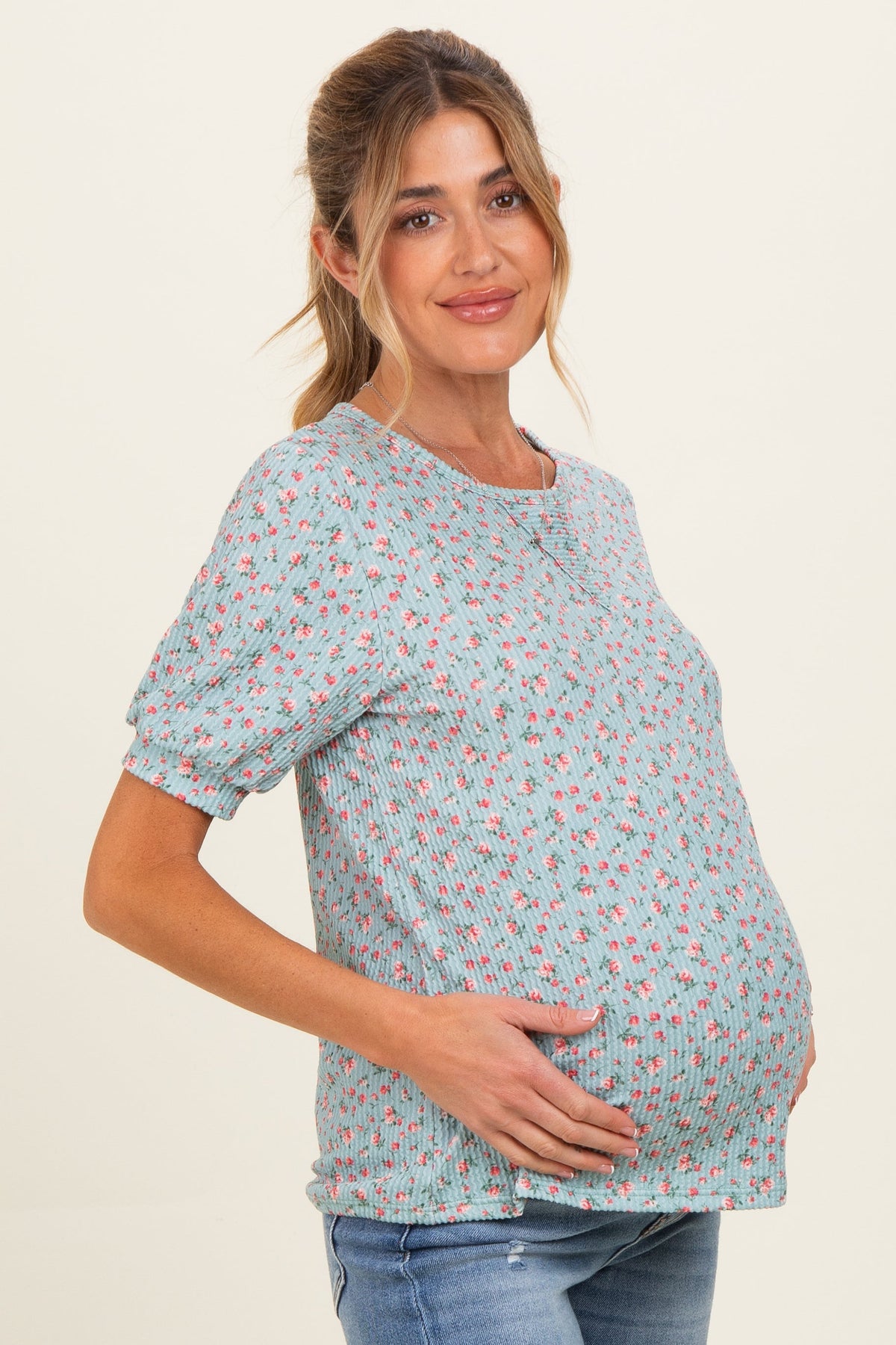 Taupe Ribbed Ditsy Floral Puff Sleeve Maternity Top