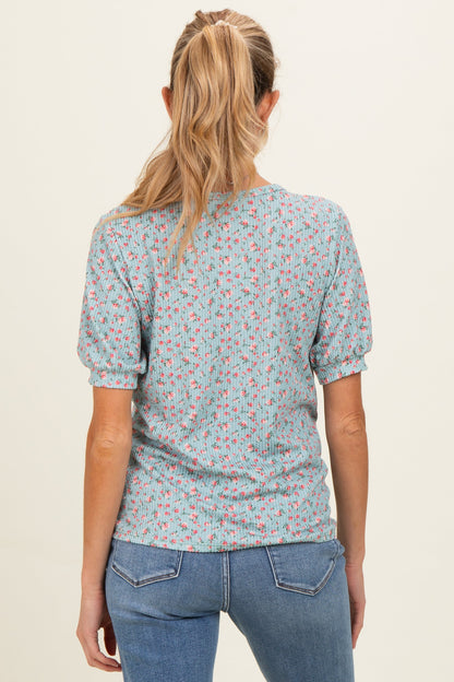 Taupe Ribbed Ditsy Floral Puff Sleeve Maternity Top