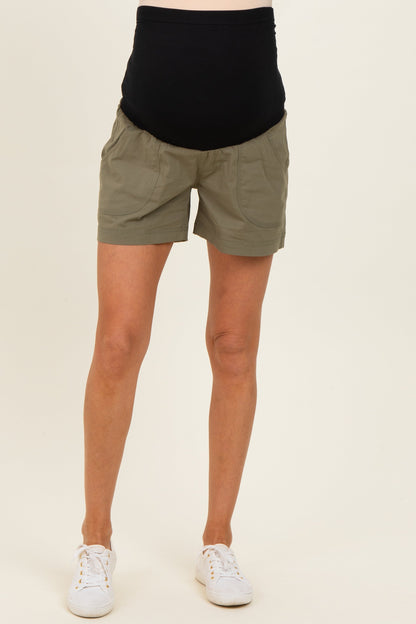 Olive Chino Pocket Maternity Shorts