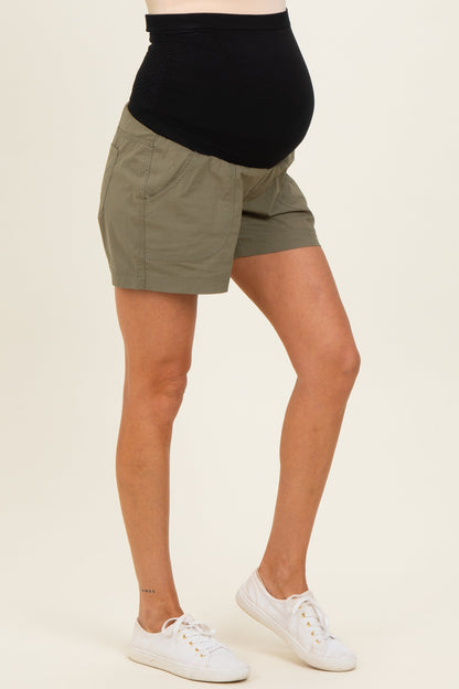 Olive Chino Pocket Maternity Shorts