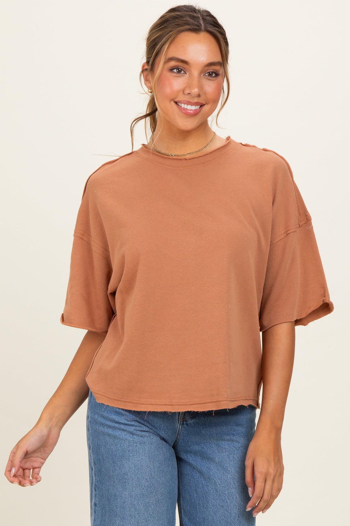 Mocha Raw Cut Edge Maternity Boxy Tee