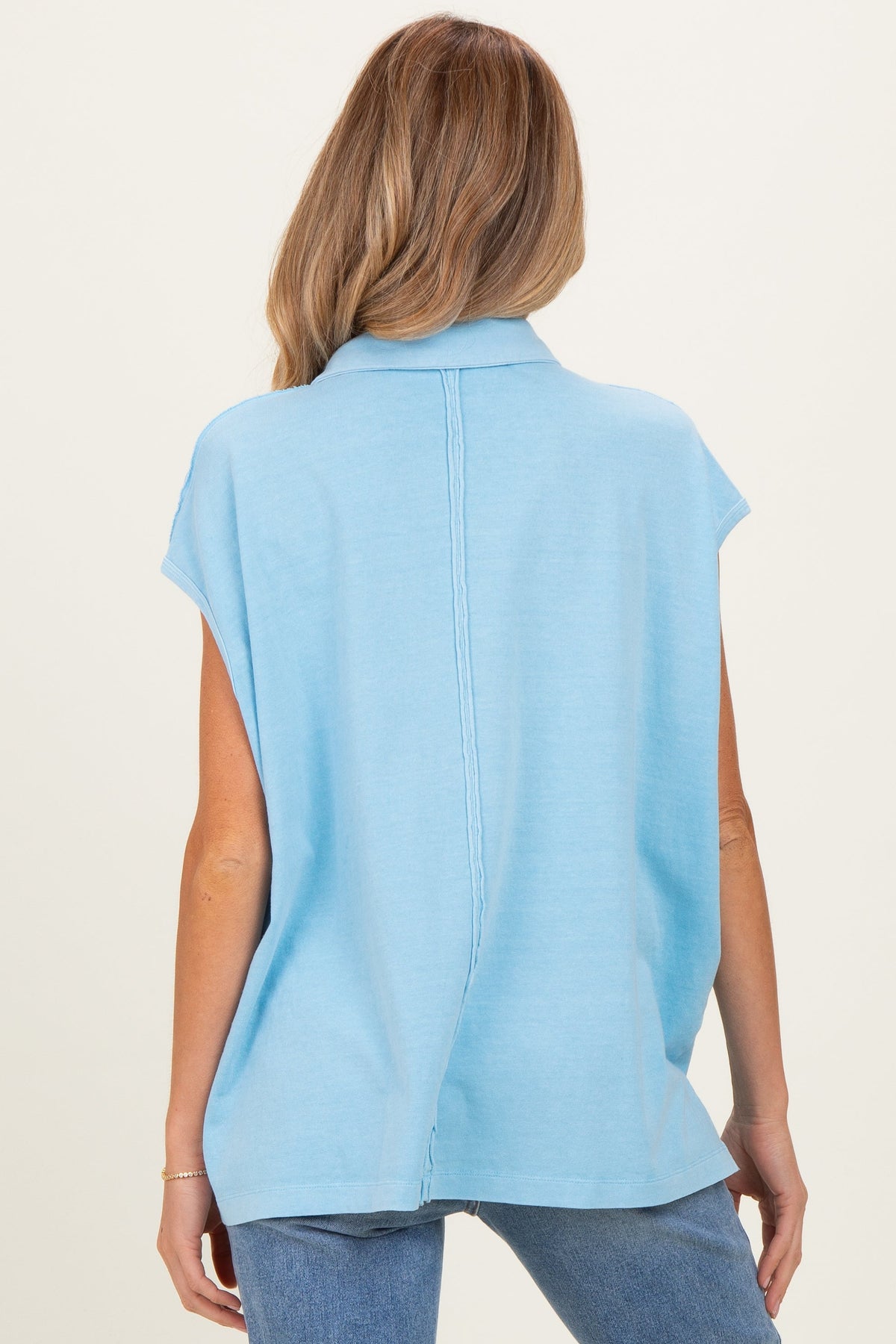 Light Blue Pigment Dye Sleeveless Polo Oversized Maternity Top