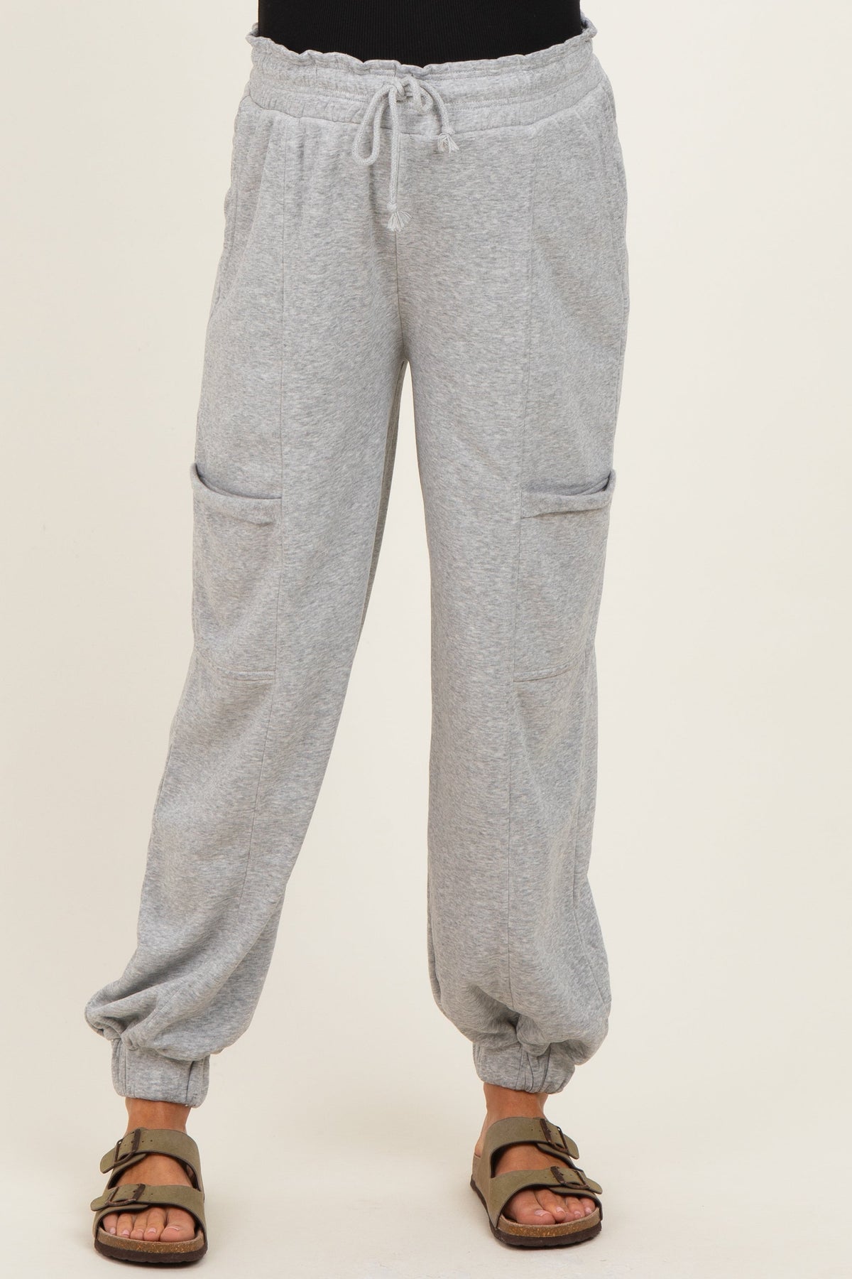 Heather Gray Ruffle Waist Burnout Maternity Jogger Pants