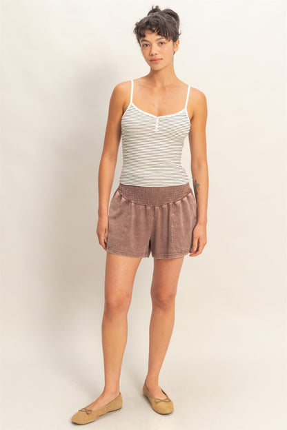 Chocolate Smocked Waist Mineral Wash Maternity Shorts