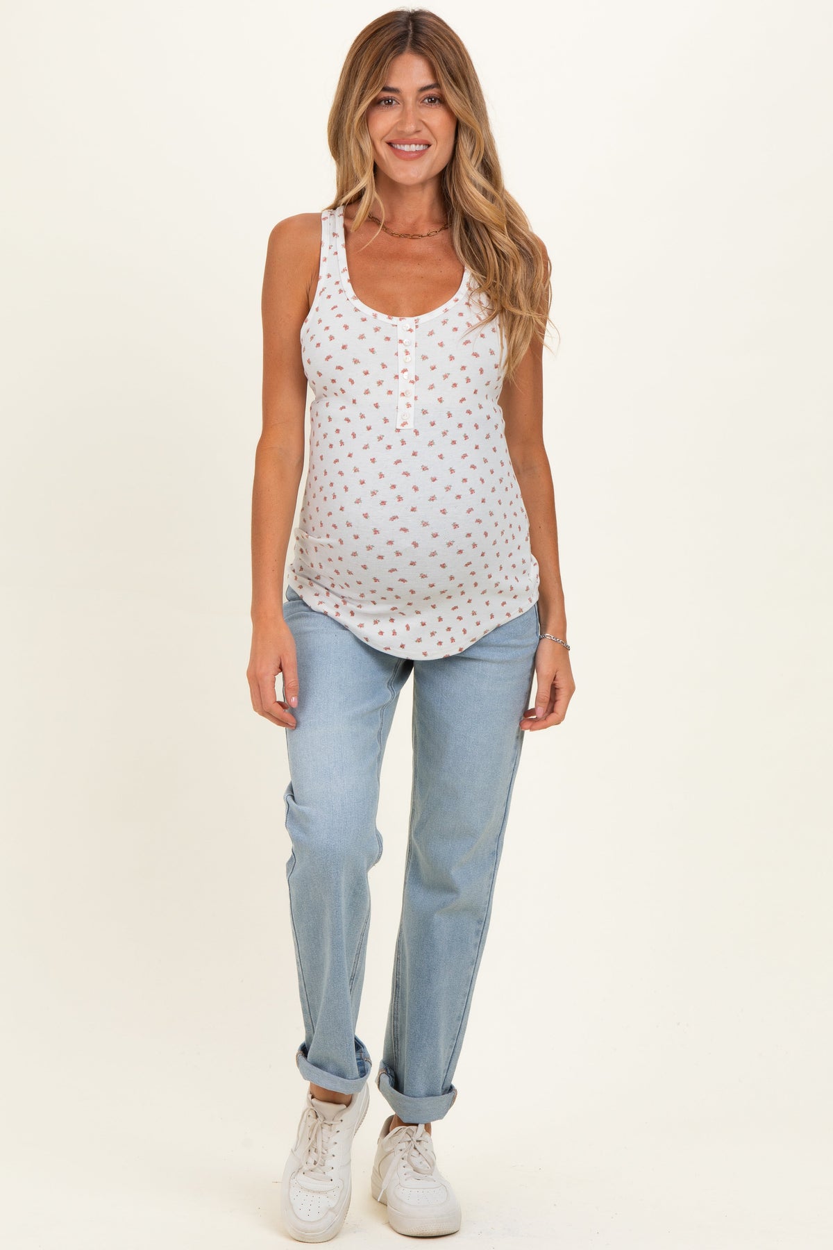 Red Floral Pointelle Knit Button Maternity Tank Top