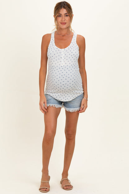 Blue Floral Pointelle Knit Button Maternity Tank Top