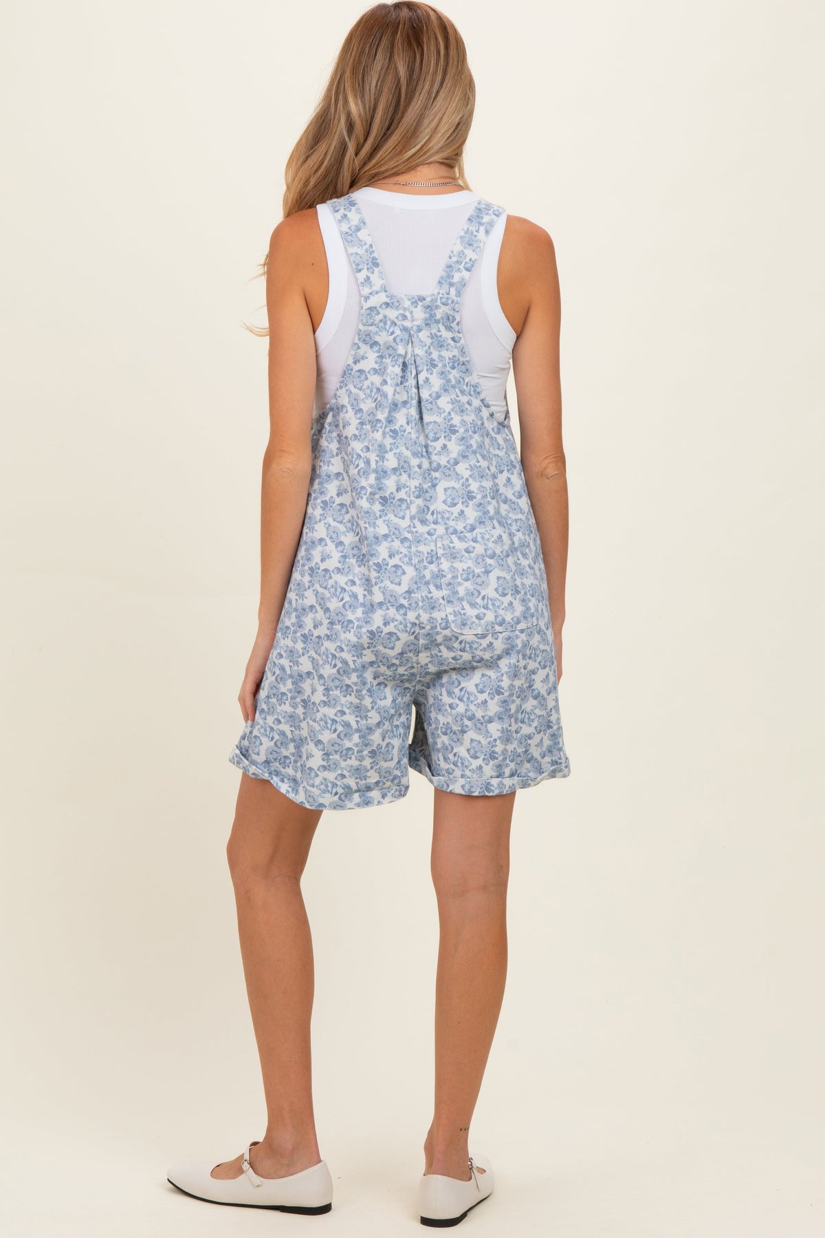 Denim Blue Floral Maternity Short Overalls