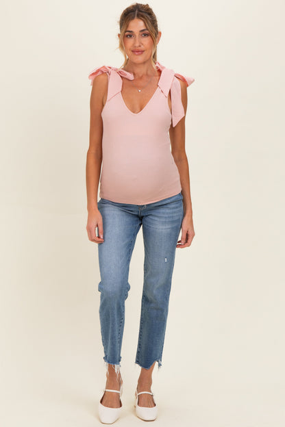 Pink Bow Tie Detail Sleeveless V Neck Ribbed Maternity Top
