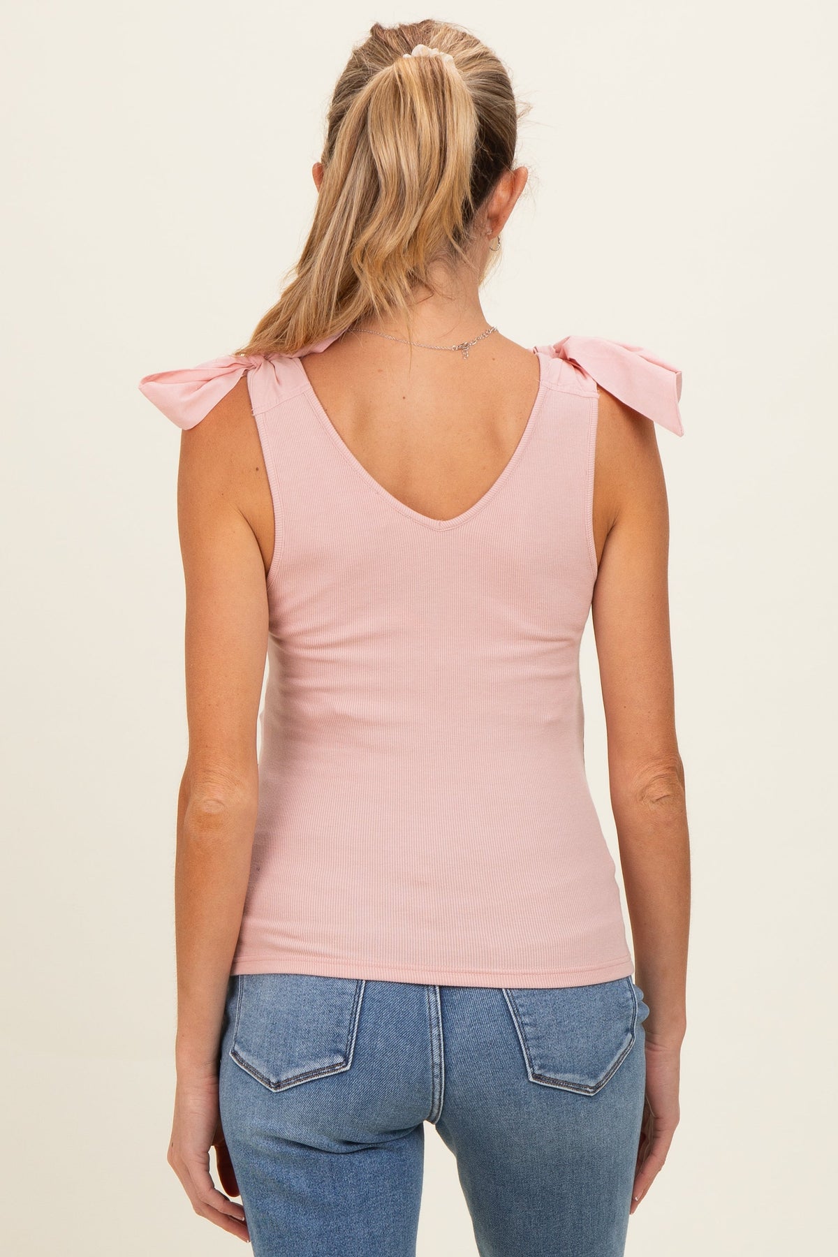Pink Bow Tie Detail Sleeveless V Neck Ribbed Maternity Top
