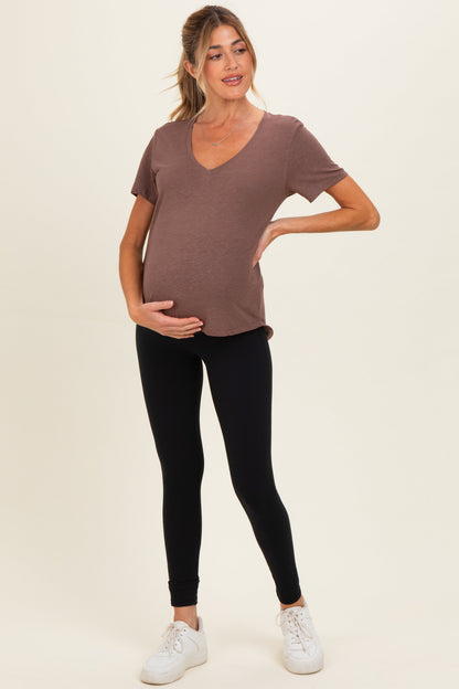 Choco Linen Blend V-Neck Short Sleeve Maternity T-Shirt