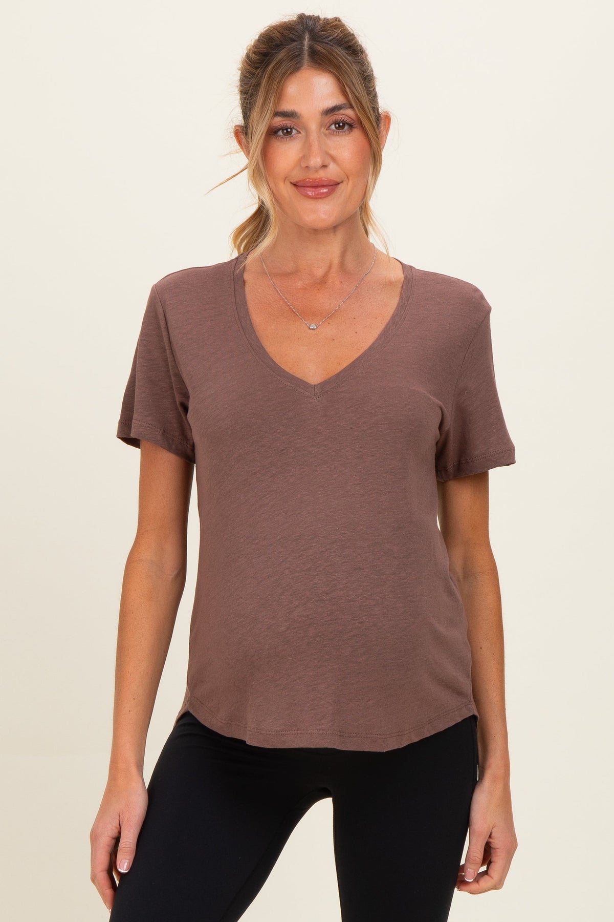 Choco Linen Blend V-Neck Short Sleeve Maternity T-Shirt
